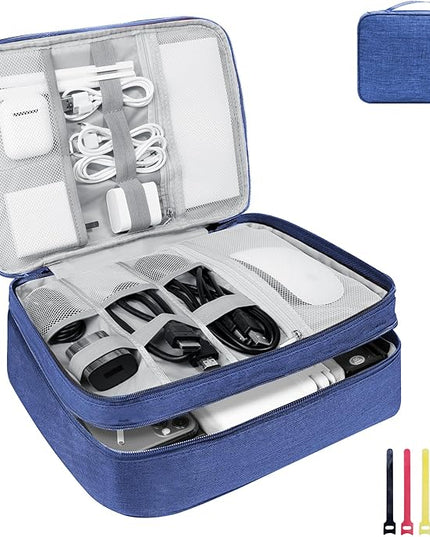 Electronics Travel Organizer,Large Double Layer Portable Waterproof Travel Organizer Bag for Charging Cable Storage,Ipad,Power Bank,Hard Drive,for Travel,Business,5pcs Cable Ties-Navy Blue