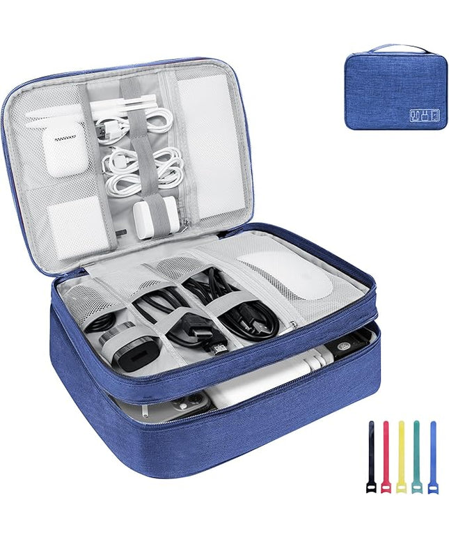 Electronics Travel Organizer,Large Double Layer Portable Waterproof Travel Organizer Bag for Charging Cable Storage,Ipad,Power Bank,Hard Drive,for Travel,Business,5pcs Cable Ties-Navy Blue
