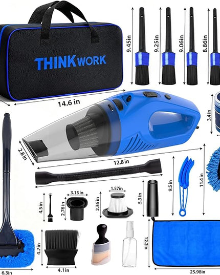 THINKWORK Car Cleaning Kit Car Detailing Kit,Car Cleaning Kit Interior Cleaner with High Power Blue Handheld Vacuum Cleaner,Brush Sets,Windshield Cleaner and Storage Bag,Car Accessories,Car Gift Set