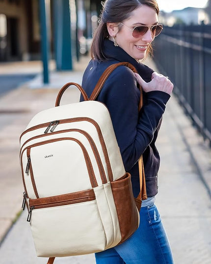 Shrrie 17 inch Leather Laptop Backpack for Women, Large Travel Backpack with 6 Compartments, Computer Backpack Purse for Work College