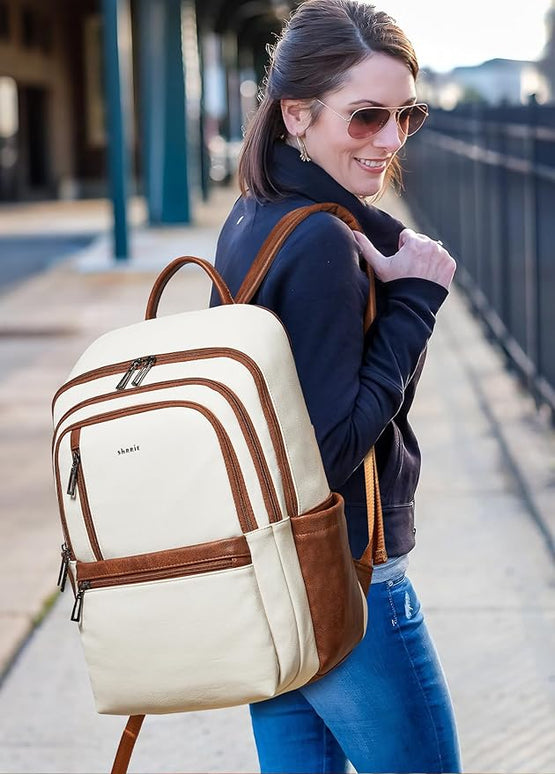 Shrrie 17 inch Leather Laptop Backpack for Women, Large Travel Backpack with 6 Compartments, Computer Backpack Purse for Work College
