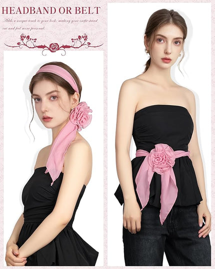 Chiffon Scarf for Women, Removable Flower Neck Scarf Light Soft Fashion Rose Scarves Versatile Headband or Hair Band