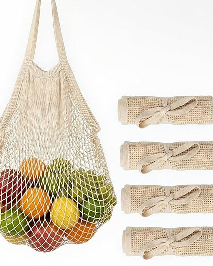 Mesh Grocery Bags 4 Pack, Reusable Cotton String Shopping Totes with Long Handles, Heavy Duty Holds 40lbs for Farmers Market, Produce, Fruit, Vegetable Storage & Beach