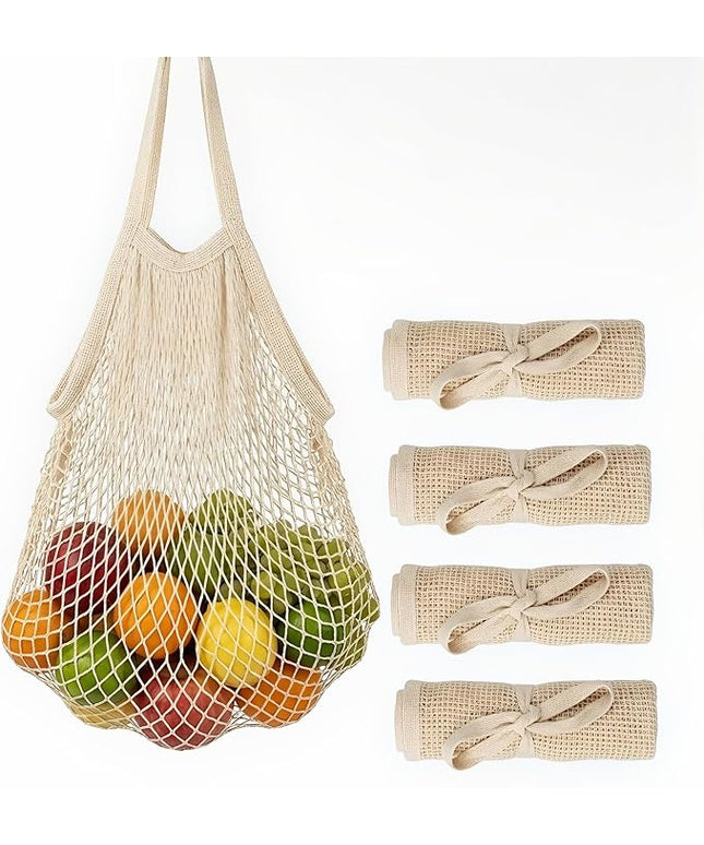 Mesh Grocery Bags 4 Pack, Reusable Cotton String Shopping Totes with Long Handles, Heavy Duty Holds 40lbs for Farmers Market, Produce, Fruit, Vegetable Storage & Beach