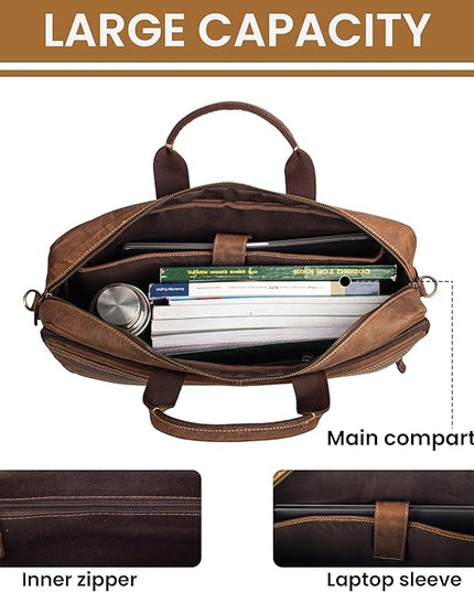 Vintage Leather Messenger Bag for Men, 16” Laptop Satchel with Adjustable Shoulder Strap, Briefcase Office Work & Travel Bag
