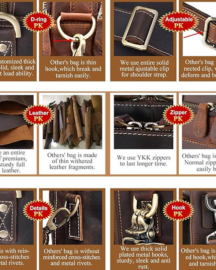 Masa Kawa Leather Briefcase for Men 17/15.6" Laptop Crossbody Shoulder Messenger Bag Business Travel Work Attache Case