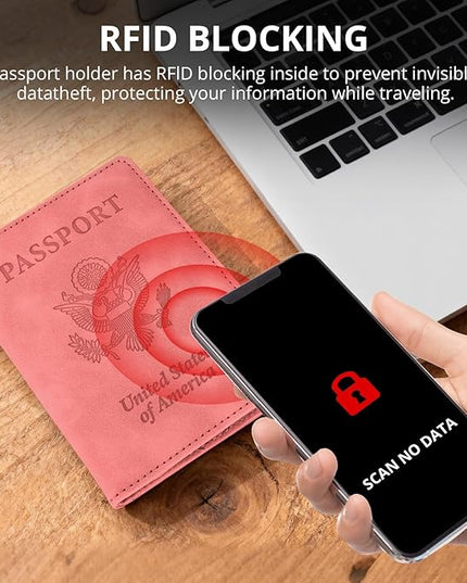 Passport Holder for Travel Essentials,RFID Blocking Passport Cover Wallet Card Case for Women and Men (Pink)