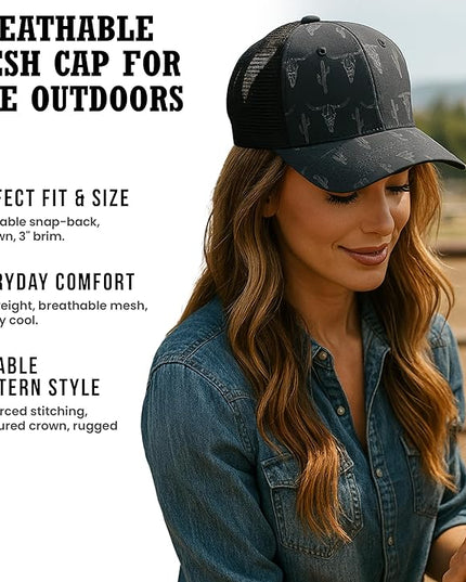 Western Trucker Charcoal Bull Cactus Baseball Cap Outdoor Punchy Mesh Snap Back with Adjustable Fit for Country Wear