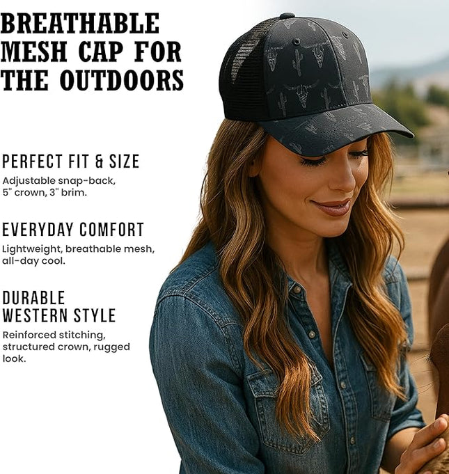 Western Trucker Charcoal Bull Cactus Baseball Cap Outdoor Punchy Mesh Snap Back with Adjustable Fit for Country Wear