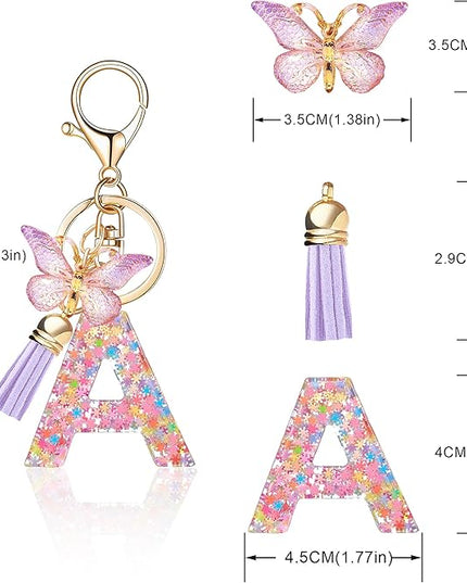 Fashion Alphabet Initial Letter Keychain Tassel Butterfly Pendant Key Ring for Purse Handbags Women Girl