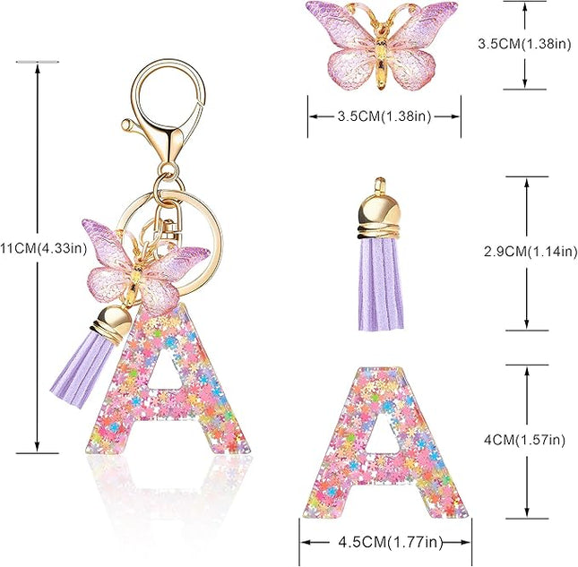 Fashion Alphabet Initial Letter Keychain Tassel Butterfly Pendant Key Ring for Purse Handbags Women Girl