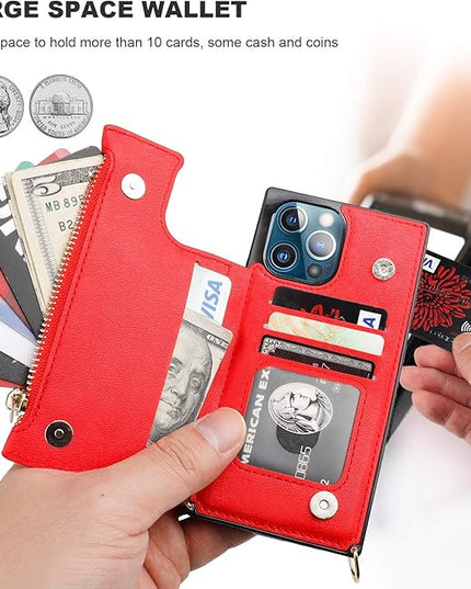 Bocasal Crossbody Wallet Case for iPhone 12 Pro Max with Card Holder,Zipper Card Slot Protector Shockproof Purse Cover with Removable Cross Body Strap 6.7 Inch(Red)