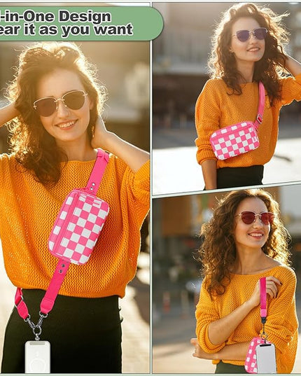 Clip and Go Strap for Phone with Wallet Crossbody, Adjustable Phone Lanyard with Detachable RFID Wristlet Wallet, Phone Strap with Phone Tabs for All Phones, Pink Checkered (M)