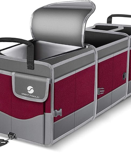 Trunk Organizer with Cooler, Collapsible Trunk Storage Container with Non Slip Bottom Strips, Large Multi-Compartment Waterproof Car Trunk Organizer Groceries for Vehicle Sedan, SUV, Van(Wine Red)