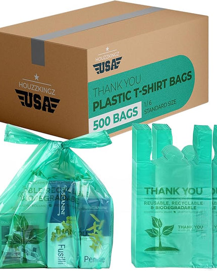 500 Biodegradable Compostable Thank You Plastic Bags - Grocery Shopping Bags with Handles [12" X 6.5" X 22"] Eco Friendly Green Plastic T Shirt Bags for Small Business Restaurant Supplies Retail Store