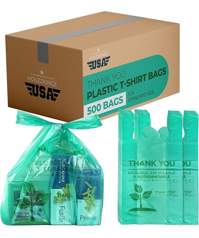 500 Biodegradable Compostable Thank You Plastic Bags - Grocery Shopping Bags with Handles [12" X 6.5" X 22"] Eco Friendly Green Plastic T Shirt Bags for Small Business Restaurant Supplies Retail Store