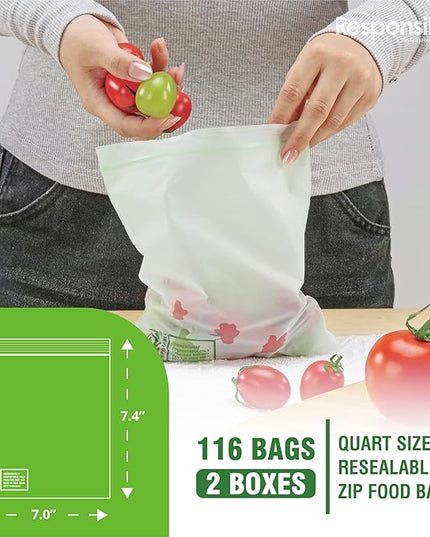 Certified Compostable QUART Resealable Zip Bag, Extra Strength Food Bags, Plant-Based Freezer-Safe (116 Pack)
