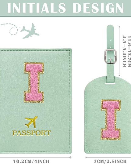 COSHAYSOO Initial Passport Cover Luggage Tag Set Letter Passport Holder Airplane Cruise Travel Essentials Vacation Traveling Accessories Personalized Gifts for Women Teen College Girls Teal I