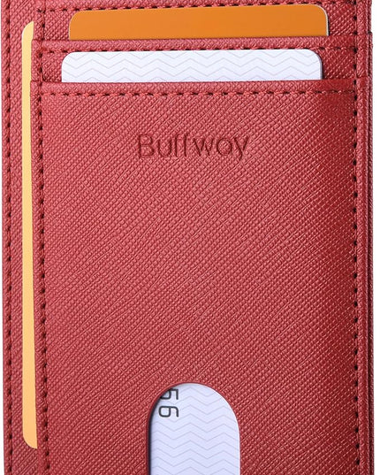 Buffway Slim Minimalist Front Pocket RFID Blocking Leather Wallets for Men and Women - Cross Red