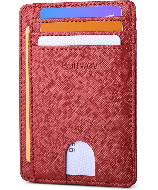 Buffway Slim Minimalist Front Pocket RFID Blocking Leather Wallets for Men and Women - Cross Red