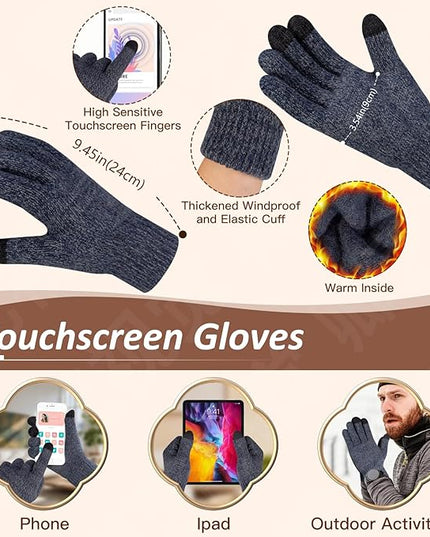 Men Women Winter Beanie Hats Scarf with Touchscreen Gloves Warm Knit Themal Gloves Long Scarf Set with Fleece Lined