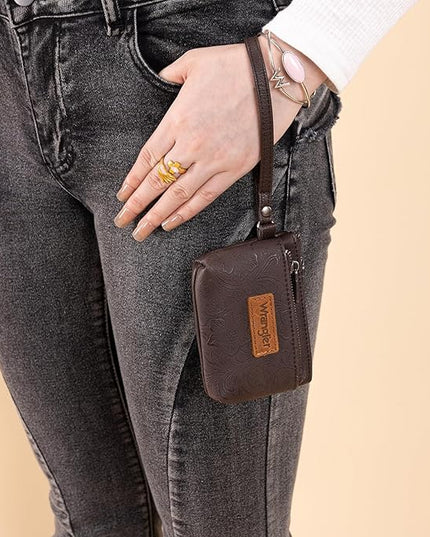 Montana West Wrangler Coin Purse for Women RFID-blocking Floral Embossed Change Pouch Wristlet Wallet Lightweight Portable Wallets Coffee