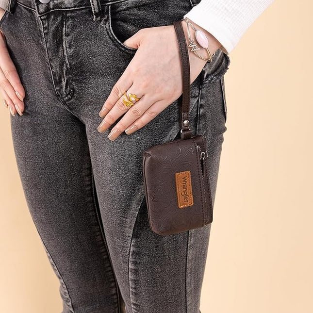 Montana West Wrangler Coin Purse for Women RFID-blocking Floral Embossed Change Pouch Wristlet Wallet Lightweight Portable Wallets Coffee