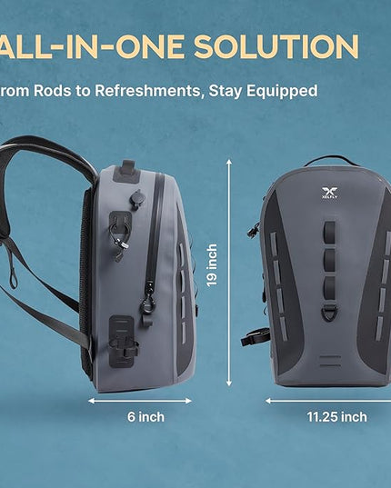 Xelfly Waterproof Fishing Backpack G2 with Rod Holder, Inflatable Air Valve, Padded Waist Straps & Gear Loops - Submersible Zipper, Rugged Top Handle, Adjustable Attachments (Gray)