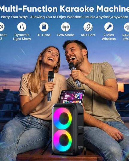 Karaoke Machine for Adults Kids, Portable Bluetooth Speaker with 2 Wireless Microphones, TWS Mode & LED Light, 10H Battery PA System Stage Monitors,Perfect for Home Party Outdoor Birthday Gifts(Black)
