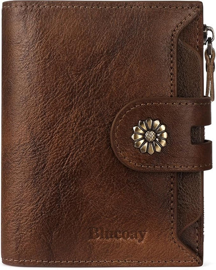 Blucoay Wallet Women,RFID Blocking Womens Wallet,Real Leather Bifold Compact Small Wallet for Women Card Holder with Zip Coin Pocket(Darkcoffee)