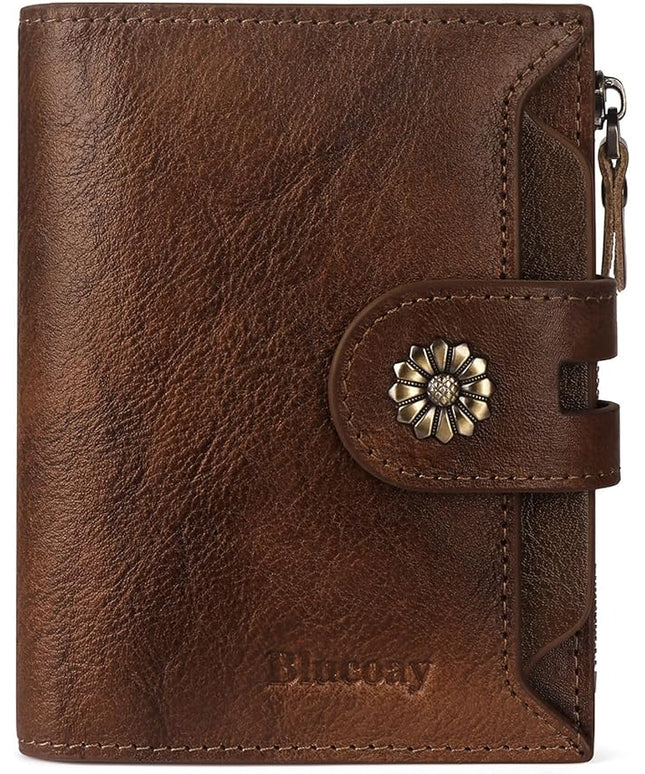 Blucoay Wallet Women,RFID Blocking Womens Wallet,Real Leather Bifold Compact Small Wallet for Women Card Holder with Zip Coin Pocket(Darkcoffee)