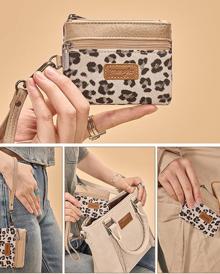Montana West Wrangler Small Wallet for Women Leopard Print Wristlet Wallets Mini Change Pouch Beige