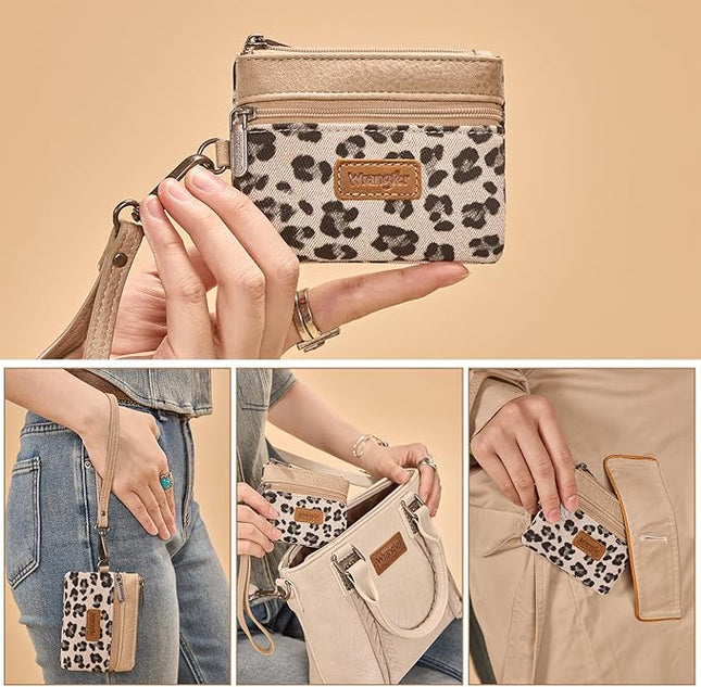 Montana West Wrangler Small Wallet for Women Leopard Print Wristlet Wallets Mini Change Pouch Beige