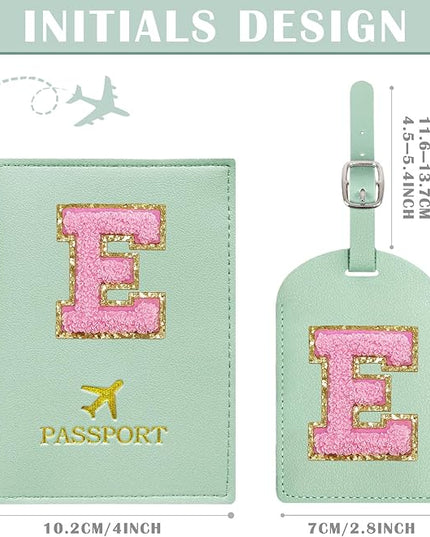 COSHAYSOO Initial Passport Cover Luggage Tag Set Letter Passport Holder Airplane Cruise Travel Essentials Vacation Traveling Accessories Personalized Gifts for Women Teen College Girls Teal E