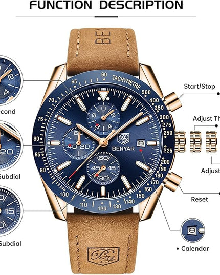 BY BENYAR Watch for Men Analog Quartz Chronograph Waterproof Luminous Designer Mens Wrist Watches Business Work Sport Casual Dress Watch with Silicone Strap Elegant Gifts for Men