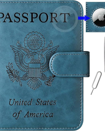 Airtag Passport Holder Cover Wallet Travel Essentials Leather Rfid Blocking Case Vacation Luggage Must Haves Travel Accessories for Men Women (117#Blue)
