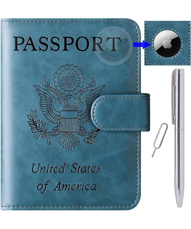 Airtag Passport Holder Cover Wallet Travel Essentials Leather Rfid Blocking Case Vacation Luggage Must Haves Travel Accessories for Men Women (117#Blue)