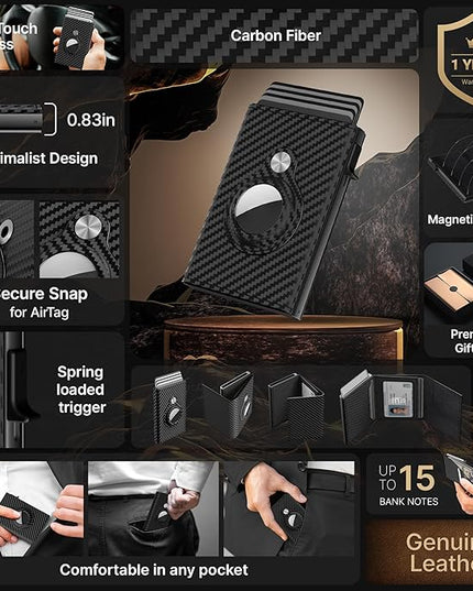 Mens Smart Wallet Card Holder for AirTag: Leather, Compatible with Apple Air Tag, RFID Blocking, Slim, Carbon Fiber, Minimalist - 9-14 Card Capacity | ID Window | Cash Slot (Black)