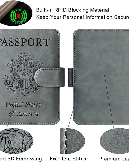 Passport Holder Cover Wallet Travel Essentials Leather Rfid Blocking Case Vacation Luggage Must Haves Travel Accessories for Men Women (120#Grey)