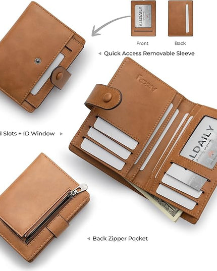 Alldaily Small RFID Blocking Leather Wallet for Women, Bifold with 10 Card Slots and Zipper Pocket (Brown)