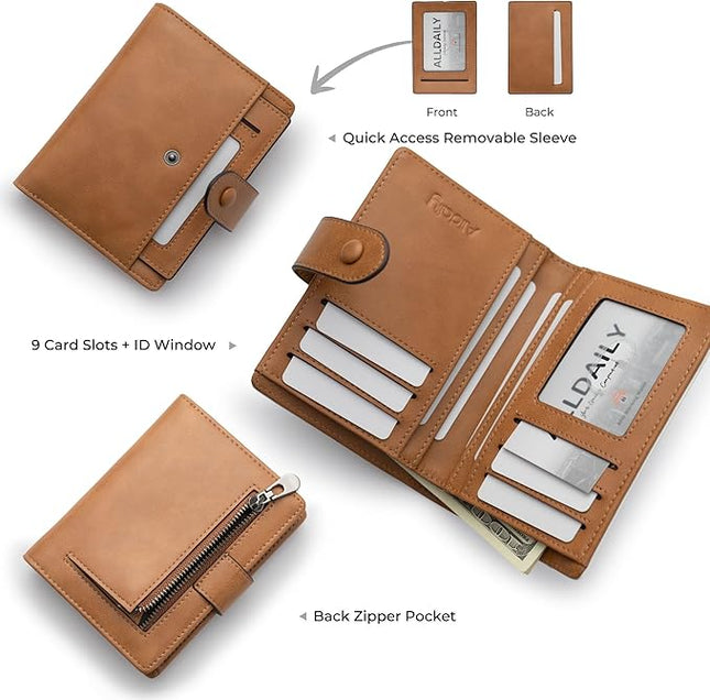 Alldaily Small RFID Blocking Leather Wallet for Women, Bifold with 10 Card Slots and Zipper Pocket (Brown)