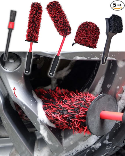 Metal Free Microfiber Wheel Brush Kit- Microfiber Angled Wheel Brush, Long Handle Wheel Brush, Tire& Detailing Brush, Wheel Wash Mitt. Hands-On Wheel Detailing Kit for Daily Wheel Cleaning