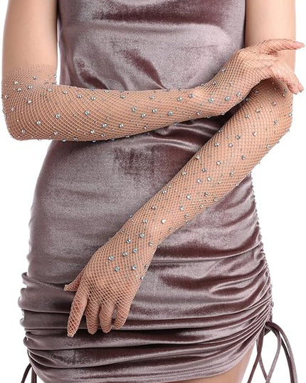 Women Rhinestone Fishnet Long Gloves Mesh Sparkly Glitter Fashion Opera Gloves For Party Halloween Costumes Accessories