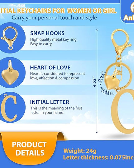 A-Z Heart Initial Letter Keychain, Stainless Steel Alphabet Charm for Handbags, Gift for Women and Girls