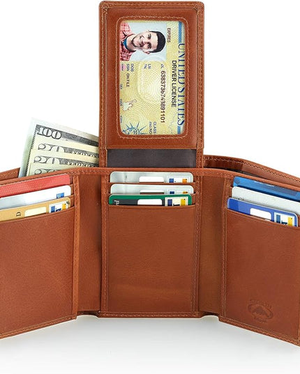 Stealth Mode Trifold Wallet - RFID Blocking Wallet with Flip ID Holder - Leather Case for Money, Credit Cards - Mens Organizer, Divided Billfold, Identity Protection - Men's Gifts (Light Brown)