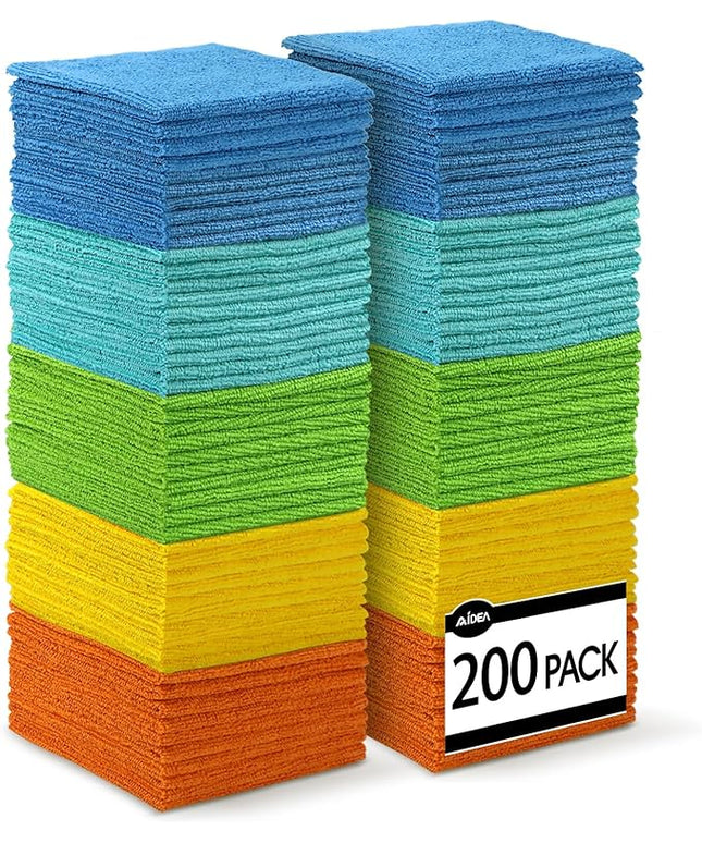 AIDEA Microfiber Cleaning Cloth, 200PK, Absorbent Shop Rags, Microfiber Towels for Cars, Kitchen Towels, Dusting Cloth for Home, Window, Cleaning Supplies, 12"×12"