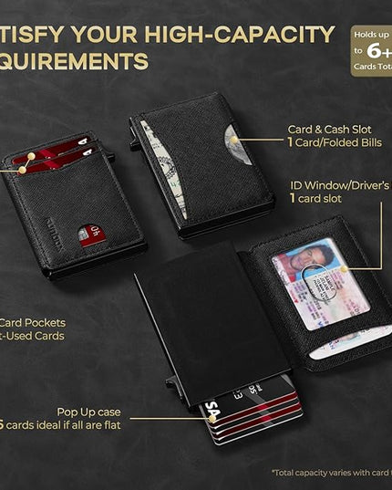 RUNBOX Slim Card Wallet for Men with ID Window – Minimalist RFID Wallet, Pop-Up Function, Ultra Thin Design, Metal Business Card Case Holds 8+ Cards, Gifts for Men, Men's Accessories