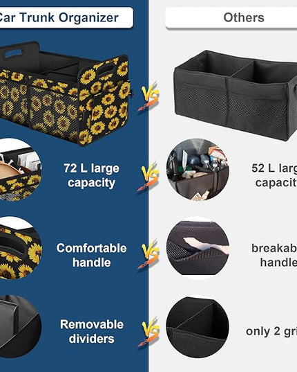 Femuar Car Trunk Organizer with 72L Large Capacity Waterproof Collapsible and 11 Pockets, Trunk Organizer for Car SUV/Jeep/Sedan, Large Size, Sunflower