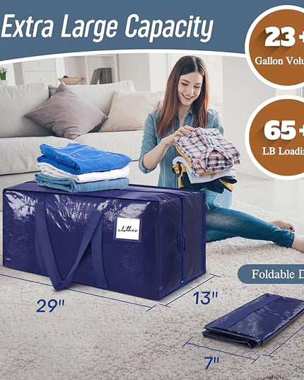 12 Pack Extra Heavy Duty Large Moving Bags with Strong Zipper & Comfortable Handles, Sturdy & Durable Clothes Storage Bags Totes Bins, Packing Moving Boxes for College Supplies, Dark Blue