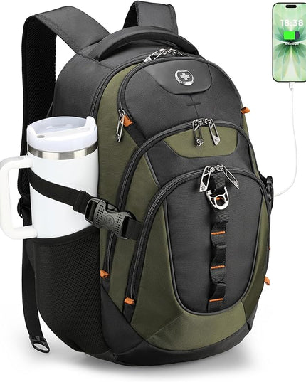 Swissdigital Design Laptop Backpack with USB Charging Port, Travel Backpack Fits 15.6 inches Computer, 31L College School Backpack for Men, Olive/Black | SD803-26